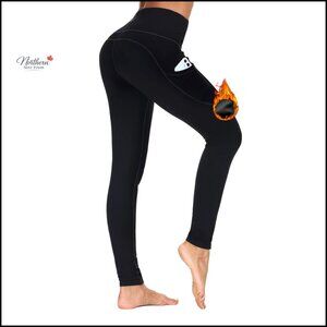 Fleece-Lined Leggings with Pockets High Waist Yoga Pants Thermal